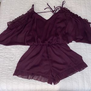 Purple Ruffle Cold Shoulder Romper